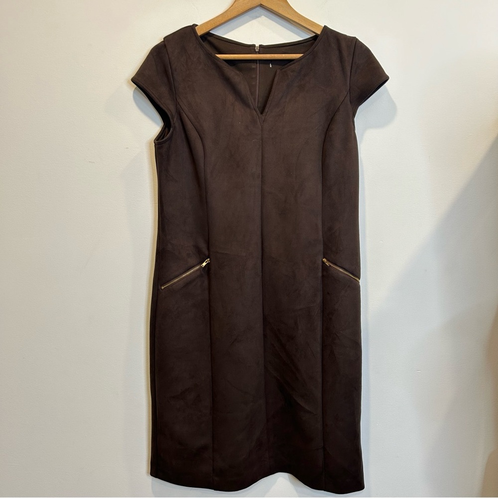 Shelby & Palmer Faux Suede Sheath Dress Zipper Detail Dark Brown